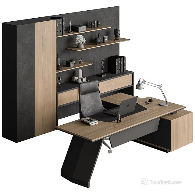 Modern Office Desk With Leather Chair Laptop Desk Lamp And Wooden Shelving Unit 3d model 