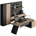 Modern Office Desk With Leather Chair Laptop Desk Lamp And Wooden Shelving Unit