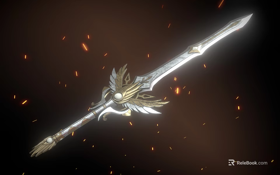 Legendary Sword With Golden Wing Design Silver Blade And Orange Light Effects 3d model