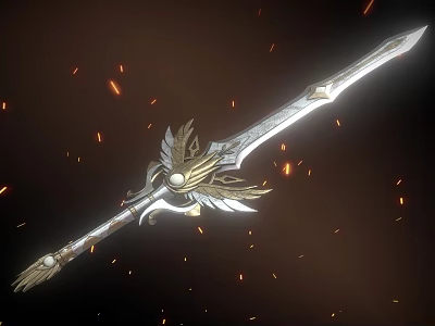 Legendary Sword With Golden Wing Design Silver Blade And Orange Light Effects 3d model