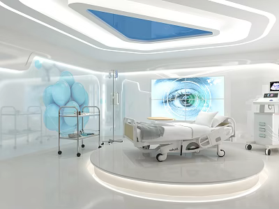 Modern Medical Room Interior With Adjustable Bed Digital Screen Blue Accents And Equipment 3d model