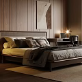 Modern Bedroom Interior Design With Wooden Wall Panels Large Bed And Decorative Painting