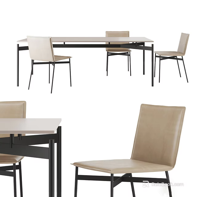 Modern Dining Table Set With Beige Leather Chairs And Black Frame White Tabletop 3d model