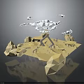 Low Poly Yellow Geometric Scene with Mountainous Terrain Small House White Clouds Dark Background Reflections