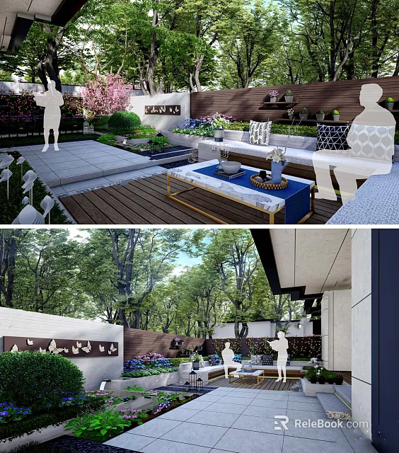 Modern Courtyard Garden With Outdoor Seating Green Plants Stone Patio And Lush Trees 3d model 