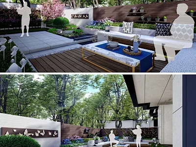 Modern Courtyard Garden With Outdoor Seating Green Plants Stone Patio And Lush Trees 3d model