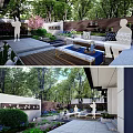 Modern Courtyard Garden With Outdoor Seating Green Plants Stone Patio And Lush Trees