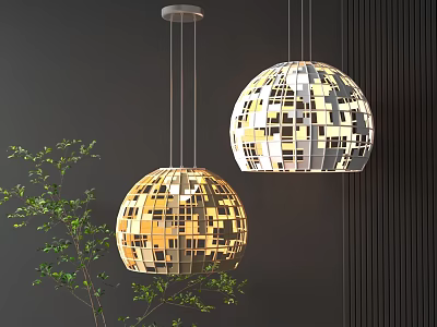 Modern Spherical Pendant Lights With Geometric Mosaic Design Hanging Against Dark Wall And Green Plant 3d model