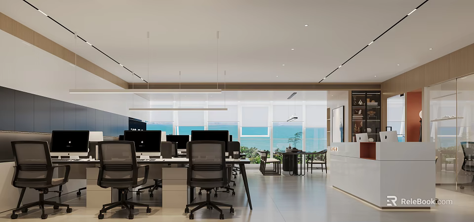 Modern Office Open Layout With Large Windows Sea View Desks Computers Ergonomic Chairs And Bookshelves 3d model 
