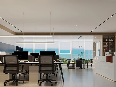 Modern Office Open Layout With Large Windows Sea View Desks Computers Ergonomic Chairs And Bookshelves 3d model