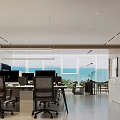 Modern Office Open Layout With Large Windows Sea View Desks Computers Ergonomic Chairs And Bookshelves