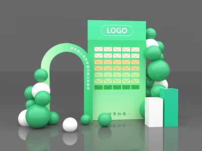 Green Themed Photo Check In Spot with Arch Balls and Display Board Featuring LOGO 3d model