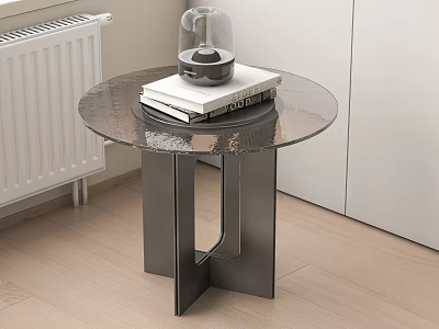 Modern Round Glass Top Side Table With Metal Frame And Decorative Books On Wooden Floor 3d model