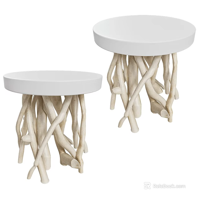 Two White Round Top Side Tables With Twisted Branch Shaped Bases 3d model