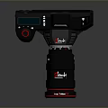 Professional Black Camera With Large Lens Red Accents Flash And Control Buttons