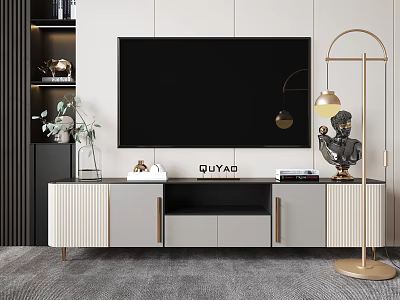 Modern TV Stand With Gray White Cabinets Drawers TV Floor Lamp And Decorative Items 3d model