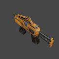 Futuristic Orange Machine Gun with Multiple Barrels Mechanical Parts and Modern Design