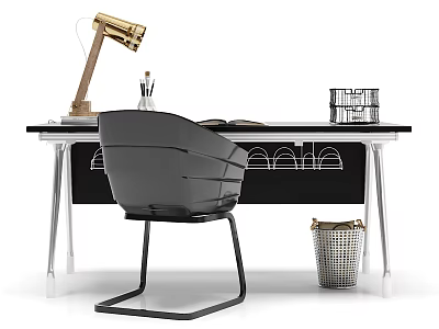 Modern White Top Desk With Open Book Black Chair Gold Lamp And Storage 3d model