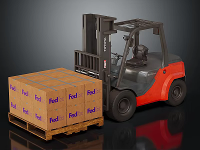 Heavy Duty Industrial Forklift Loading Stacked FedEx Boxes On Wooden Pallet 3d model