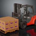 Heavy Duty Industrial Forklift Loading Stacked FedEx Boxes On Wooden Pallet