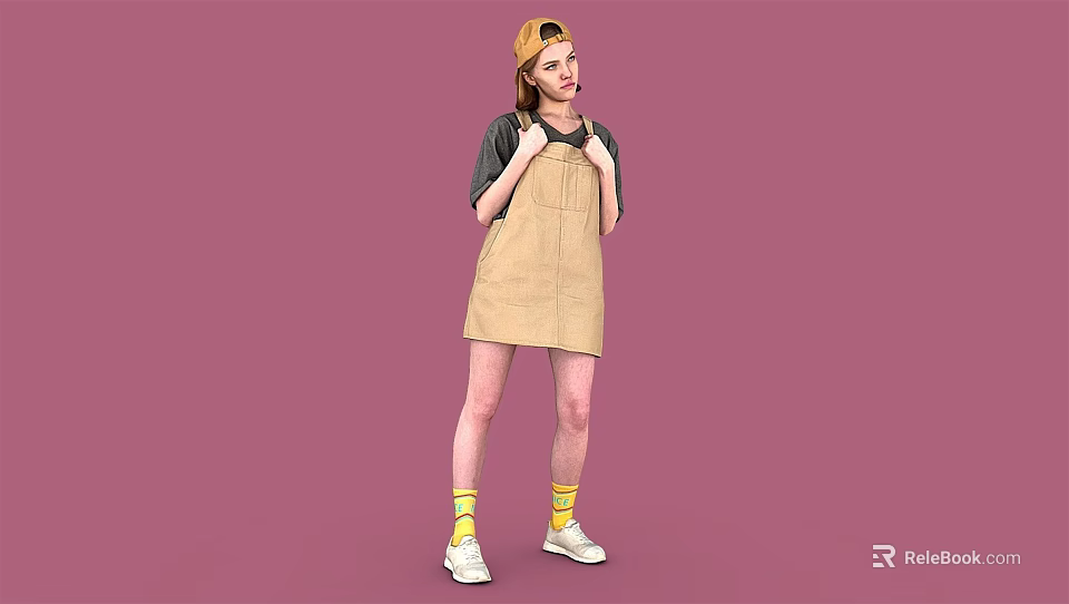 Woman Wearing Yellow Cap Beige Overall Dress Yellow Socks White Shoes Against Pink Background 3d model 