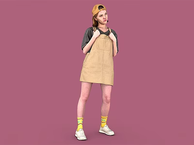 Woman Wearing Yellow Cap Beige Overall Dress Yellow Socks White Shoes Against Pink Background 3d model