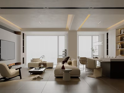 Modern Living Room Interior Design With Sofa TV Windows And Lighting Elements 3d model