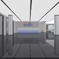 Modern Exhibition Hall Interior With Large Screens Display Counters And LOGO Sign