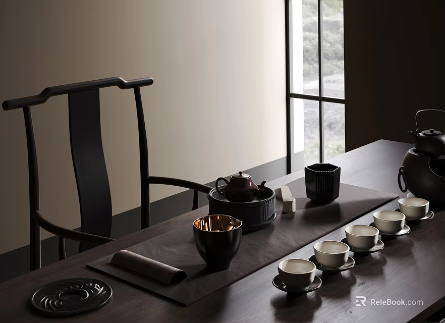 Elegant Traditional Tea Set With Teapot Teacups Tray And Caddy On Dark Wooden Table 3d model 