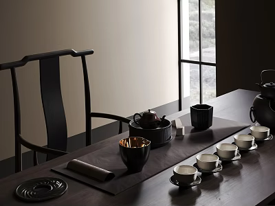 Elegant Traditional Tea Set With Teapot Teacups Tray And Caddy On Dark Wooden Table 3d model