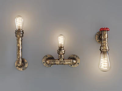 Vintage Industrial Metal Pipe Wall Sconces With Exposed Bulbs And Retro Design 3d model
