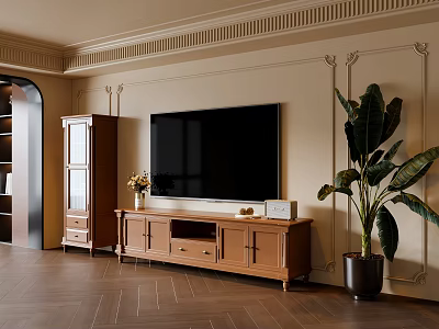 Wooden TV Stand In Living Room With Decorative Wall Moldings And Large Plant 3d model