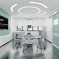 Modern Dental Treatment Room With Dental Chair Blue Chairs Monitors Light Green Walls And Circular Ceiling Lights