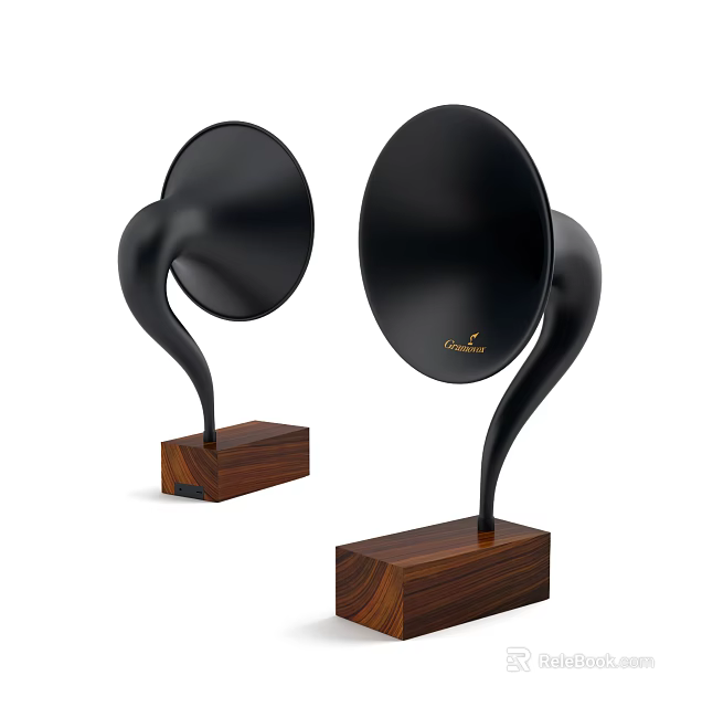Vintage Style Black Speakers With Curved Horn Design And Wooden Base 3d model 