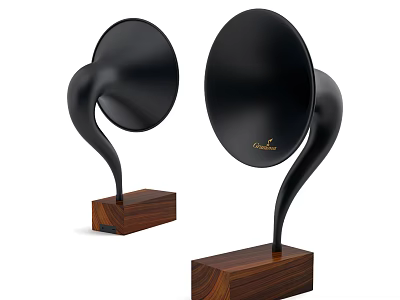 Vintage Style Black Speakers With Curved Horn Design And Wooden Base 3d model