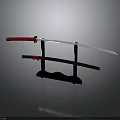 Traditional Japanese Katana Sword Display With Black Stand And Red Handle