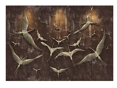 Artistic Wall Decor With Golden Flying Cranes On Dark Wooden Background 3d model