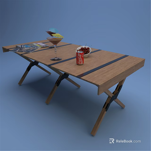 Folding Wooden Table With Cocktail Glass Cola Can Berries Bowl And Newspaper 3d model 