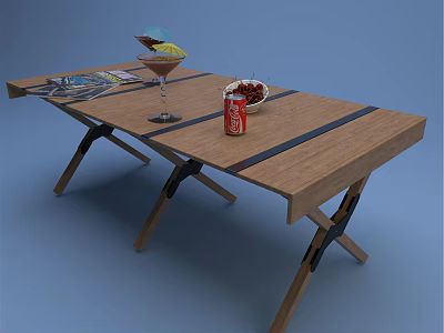 Folding Wooden Table With Cocktail Glass Cola Can Berries Bowl And Newspaper 3d model