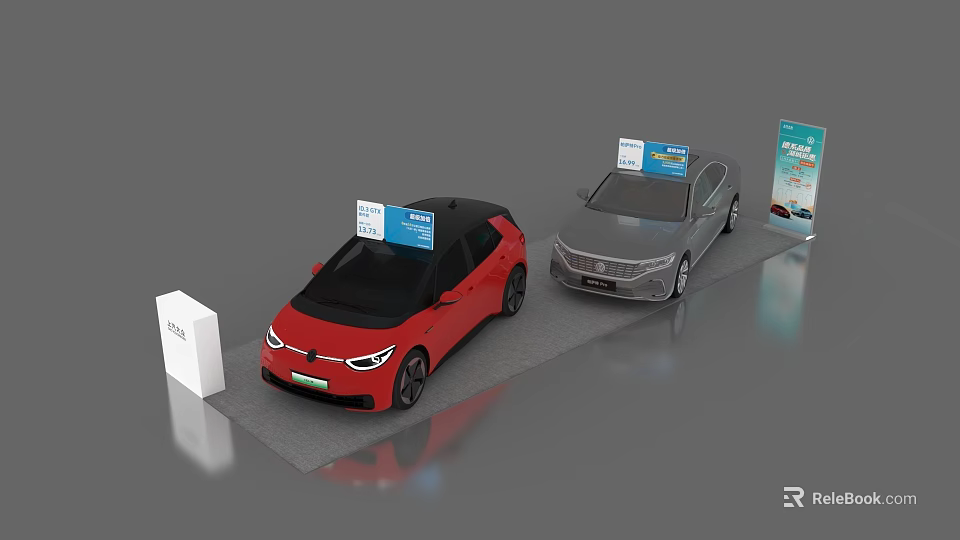 Interactive Zone With Red And Gray Cars Display Boards And Signage 3d model 