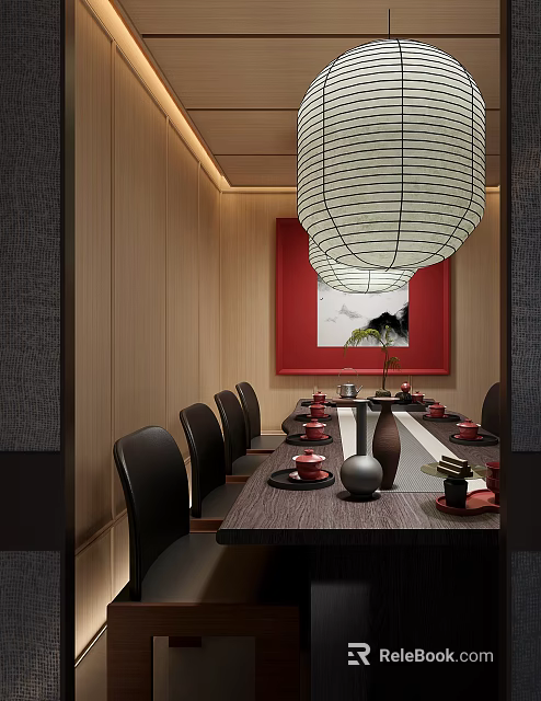 Private Dining Room Interior With Wooden Walls Long Table Black Chairs And Hanging Lamp 3d model 