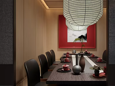 Private Dining Room Interior With Wooden Walls Long Table Black Chairs And Hanging Lamp 3d model