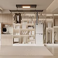 Modern Laundry Room With Washing Machines Dryers Storage Shelves And Cleaning Supplies