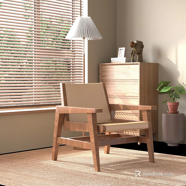 Wooden Frame Leisure Chair With Beige Cushion Near Table Lamp Window Blinds And Green Plant 3d model 