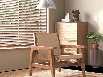 Wooden Frame Leisure Chair With Beige Cushion Near Table Lamp Window Blinds And Green Plant 3d model
