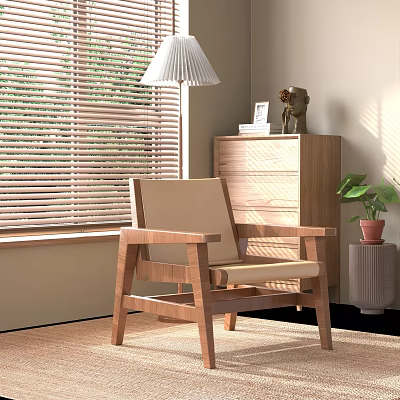 Wooden Frame Leisure Chair With Beige Cushion Near Table Lamp Window Blinds And Green Plant 3d model