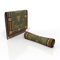 Green And Brown Decorative Mat With Ornate Patterns And Rolled Scroll