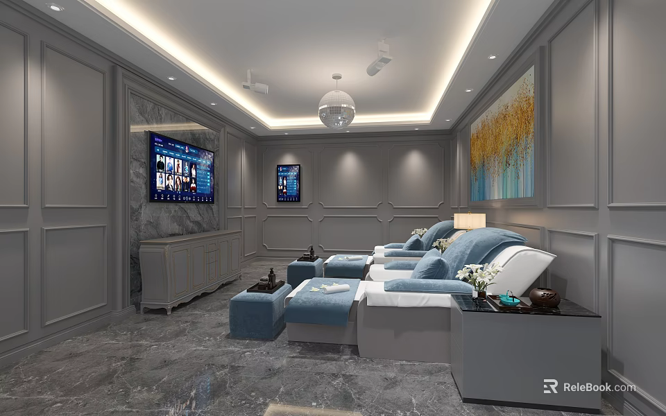 SPA Sauna Lounge Interior With Gray Walls Chandelier LED Lighting And Blue Sofas 3d model 