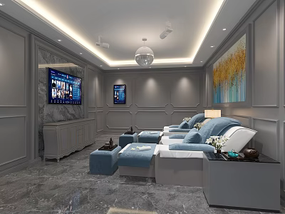 SPA Sauna Lounge Interior With Gray Walls Chandelier LED Lighting And Blue Sofas 3d model