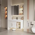 Modern Bathroom Interior Design With Floating White Vanity Backlit Mirror And Cabinets 3d model